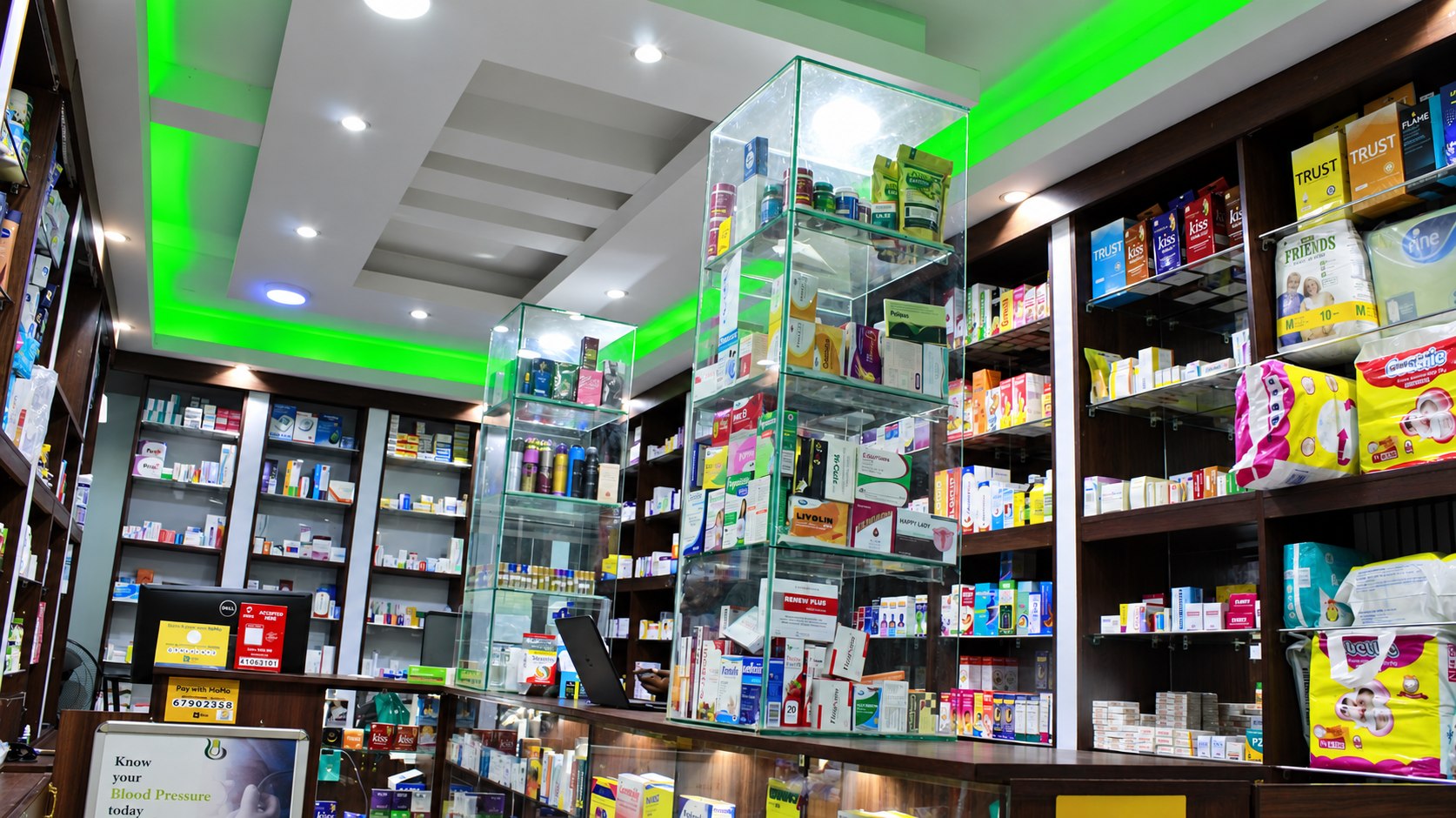 Retail shelves and products at Kalidad Pharmacy Kahungabunyonyi Branch